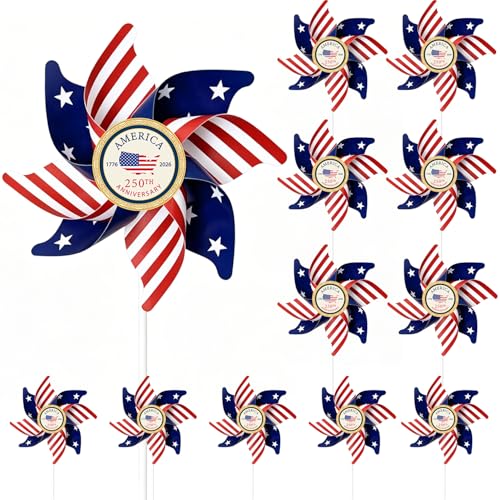 12Pcs 250th Anniversary Pinwheels 1776-2026 American Flag Wind Spinners Red White Blue Patriotic Decor 4th of July Parades Memorial Day Veterans Day Yard Lawn Indoor Outdoor Parade Party Decorations
