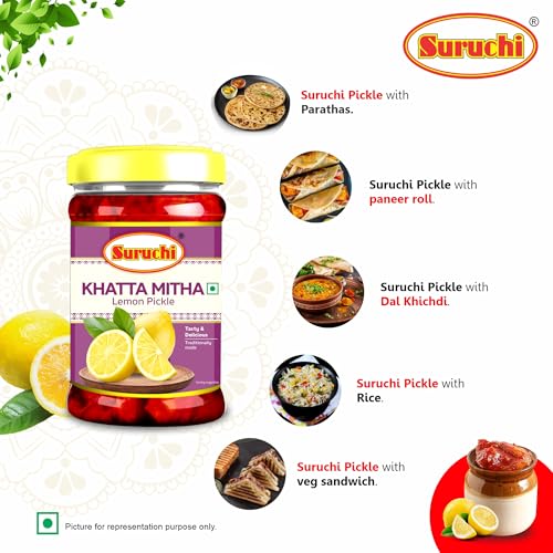 Image of Suruchi Khatta Mitha Lemon Pickle - 100g | Nimbu Ka Metha Achar | Sweet Tangy Flavourful | Authentic Indian Sweet Lemon Pickle (Pack of 1)