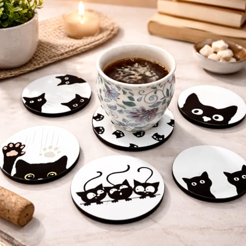 Image of Zesta Coasters for Cups Set of 6 / Wooden Coasters for Bar Accessories for Home /Tea Coaster Set of 6 / Waterproof Dining Table Decor Glass Cover (Cats, Circle)