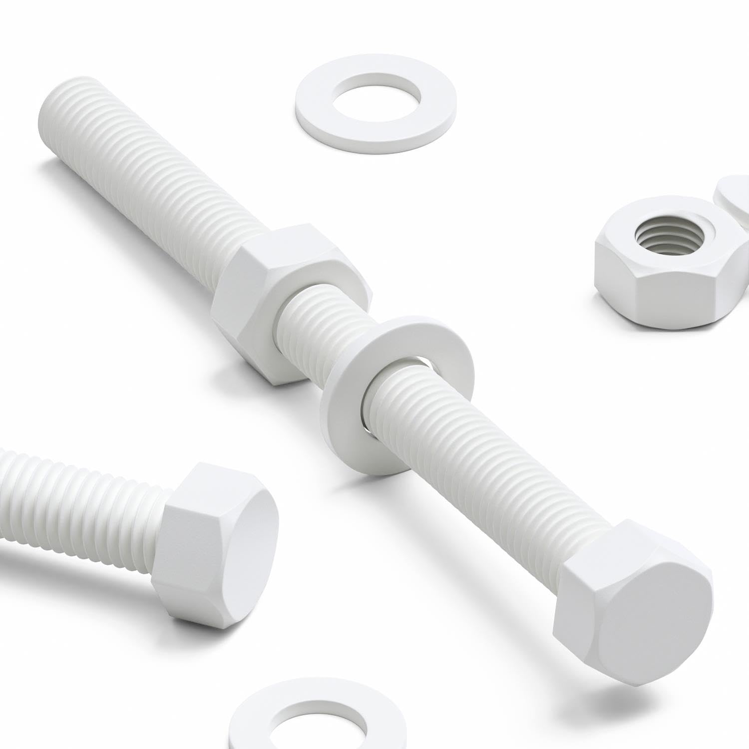 10x White Hex Head Screws Polypropylene (PP) Plastic Nuts and Bolts, Washers, M8 x 100 mm, Anti-Corrosion, Chemical Resistant, Strong.