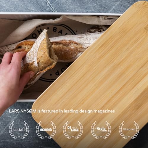 Image of LARS NYSOM Bread Box I Metal bread box for long lasting freshness with non-slip pads I Baked goods Bin with bamboo lid usable as cutting board I 13.6x7.3x6.2in (Almond Beige)