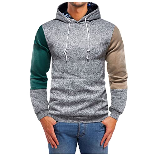 Tops for Men Stitching Plaid Sweatershirts Fake Two-Piece Pocket Long Sleeve Hoodie Autumn Winter Fashion Casual Blouse (02 Gray, L)