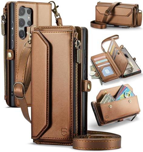 Strapurs Wallet Case Compatible with Samsung Galaxy S24 Ultra 5G RFID Blocking 10-Card Holder Soft PU Leather Magnetic Snap Strap Zipper Pocket Phone Case Fit for Galaxy S24 Ultra - Brown