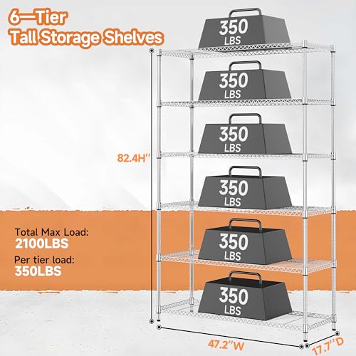 Image of M MZG 6 Tiers Storage Shelves Load 2100LBS, Metal Shelving Wire Metal Shelving Unit Shelves for Storage Adjustable Garage Shelving for Pantry Kitchen Garage Chrome 17.7 inch D x 47.3 inch W x 82.4 inch H
