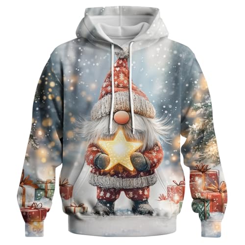 GHUALURU Felpe con cappuccio creative natalizie per uomo donna divertente felpa fresca pullover manica lunga, Gnomi multicolore4, Small