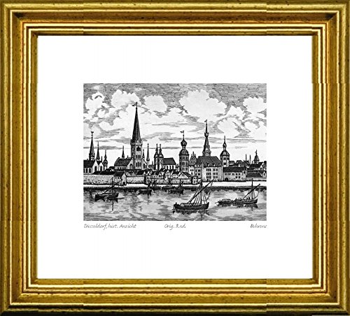 Akwaforta ręcznie drukowana monochromia Düsseldorf, hist. Ansicht z Behrens, odbitka na papierze, nie oprawiona, grafika artystyczna, sztuki projektowania, druk artystyczny