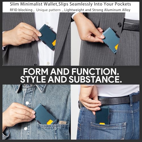 Image of Minimalist Mens Card Holder Wallet, RFID Blocking Slim Smart Pop Up Aluminum Wallet,Holds 12+ Cards,Expandable Compact Plate,Cash Strap /Money Clip (Navy Blue)