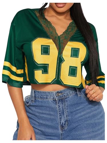 SOLY HUX Women's Number Graphic Tees Lace V Neck Half Sleeve Crop Tops Jersey Shirt Y2k Streetwear