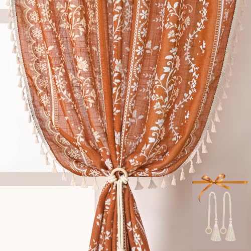 Image of Yinhua Boho Curtains for Living Room 63 Inch Length Vintage Linen Orange Curtains for Bedroom Light Filtering Floral Window Curtain Rod Pocket & Back Tabs Farmhouse Rustic Tassel Drapes with Tiebacks