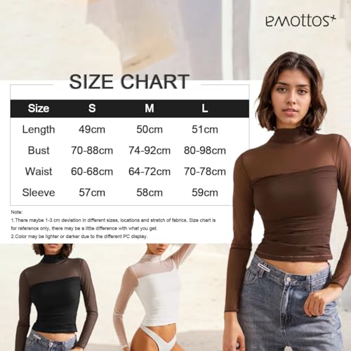 EMOTTOS Mujeres Patchwork Sheer Malla Crop Tops, Sexy Ruched Encaje Top Cuello de Tortuga Camisetas, Slim Fit Top Salir de Fiesta Clubbing Camiseta Transparente, Marrón, M