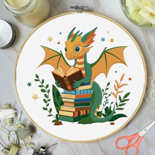 Image of FREEBLOSS 4 Set Book Embroidery Kit with Stamped Cartoon Dragon and Book Pattern Embroidery Kit for Beginners Instructions Included Cross Stitch Kit Embroidery Starter Kit for Adults 20cm
