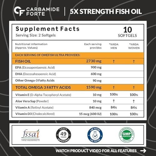 Image of Carbamide Forte 5X Strength Omega 3 Fish Oil Capsules 2730mg | Fish Oil Omega 3 Supplement to Support Overall Health & Skin With Added Aloevera, Vitamin D3, Vitamin E For Men & Women - 10 Softgels