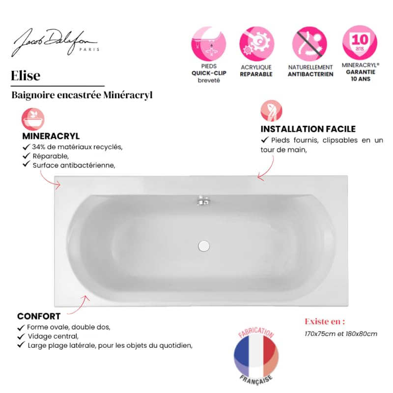 Jacob Delafon - Baignoire Rectangulaire ÉLISE - 180 x 80 cm - Double Dos - Fabrication Française - Pieds Réglables Quick Clip - Acrylique, Blanc - E60283-00