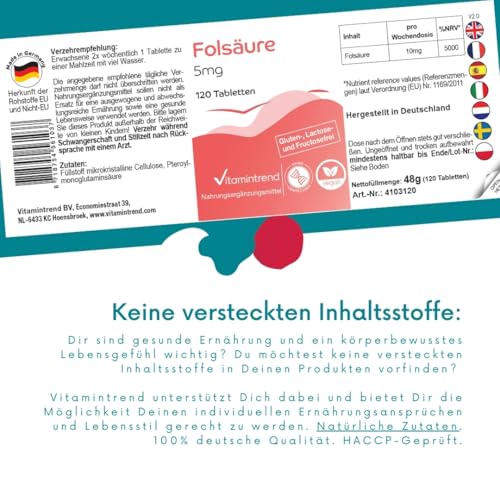 Vitamintrend Folsäure 5mg, 120 Tabletten, schluckfreundlich, 1250µg Folsäure pro Tablette, Vitamin B9, hochdosiert, Nahrungsergänzungsmittel vegan ohne Magnesiumstearat, in Deutschland hergestellt