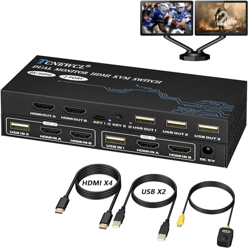 TCNEWCL KVM Switch 2 Monitors 2 Computers, 4K@60Hz Dual Monitor KVM Switch for 2 PC Share 2 Monitor...