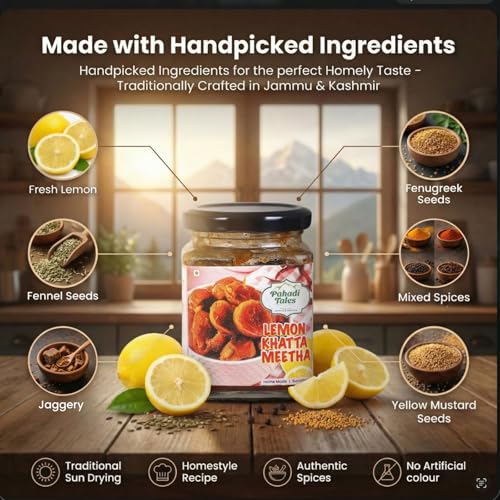 Image of Pahadi Tales Lemon Pickle 250g | Nimbu Khatta Meetha Achar | No Oil, Made with Gurh (Jaggery) | Sundried Homestyle Pahadi Achaar | Ghar Ka Achar | Made in Jammu & Kashmir