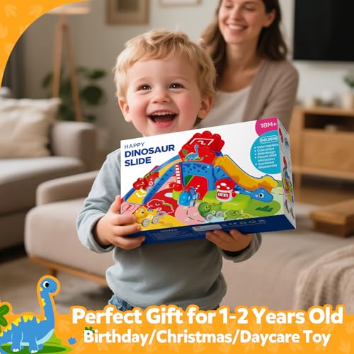 Toddler Toys for 1 2 Year Old Boy Gifts - Educational Dinosaur Slide Set with 4 Color/Number Push Cars and Playmat, Montessori Learning Toy for Baby 12-18 Months, 1st Birthday Present Ages 1-2, Red - Image 7