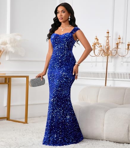 Image of dasmzper Women's Sequin Evening Gown - Elegant Sleeveless V Neck Mermaid Formal Maxi Dress for Wedding, Prom or Party