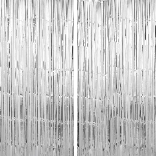 Image of Crosize 8 Pack 3.3 x 9.9 ft Sliver Foil Fringe Curtains Party Decorations, Sliver Tinsel Curtain Backdrop for Parties, Door Streamers, Glitter Streamer Backdrop for Birthday Decoration
