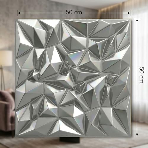 Image of Kayra Decor 3D PVC Wall Panels - Diamond Design, Silver Color | 19.7 x 19.7 Inches | Pack of 12 | Covers 32.28 Sq. Ft. | Wall Decor Panels for Living Room, Bedroom & Office
