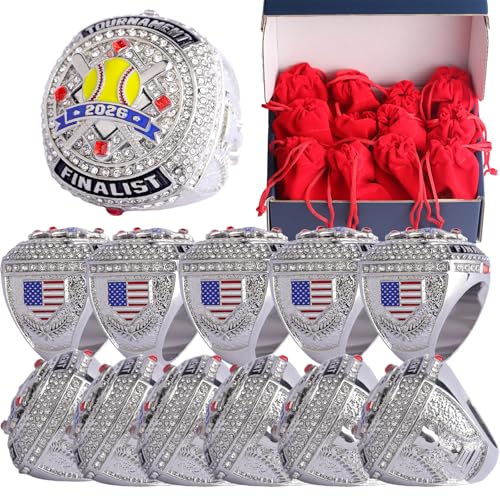 TOPSPORTSJEWELRY 2 pcs Pack or 12 pcs Pack Softball Championship Trophy Ring Award Gift for Tournament Champion Team palyers Awards Trophy on Side Size 9.5 (12 pcs Silver 2026" Finalist Rings)