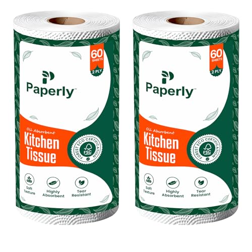 Image of 2Ply Kitchen Tissue Roll | Virgin pulp | Soft and Highly Absorbent Paper Towel For Kitchen Home and Office | Eco Friendly Disposable Napkins | 60 Sheets Per Roll, (Pack of 2, White)