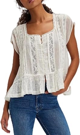 Women Lace Flowy Peplum Tops Boho Bow Tie Front Western Shirts Beach Sheer Ruffle Trim Short Sleeve Peasant Blouse