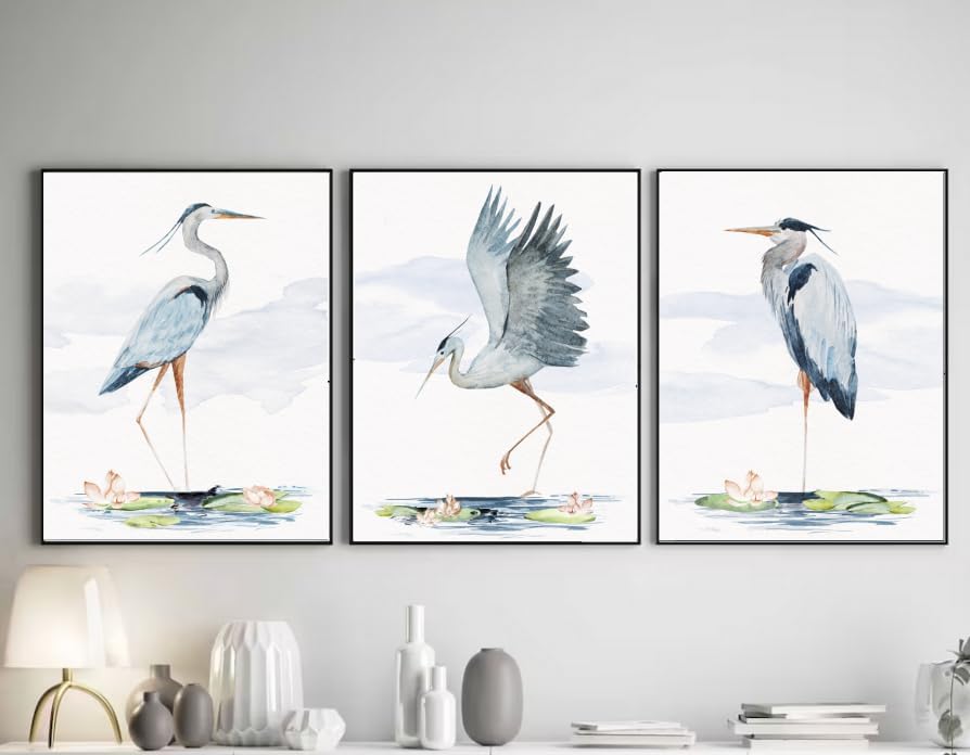 Gran garza azul para pared, impresión artística sobre lienzo, juego de 2 + 1, arte de pared de grulla, arte de pared de garza azul, pintura de grúa