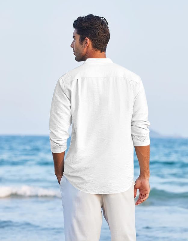 Image of FINIVO FASHION Men's Cotton Blend Short Kurta with Full Sleeves and Ethnic Neck Design | Casual Crinkle Texture Kurta with Mandarin Collar