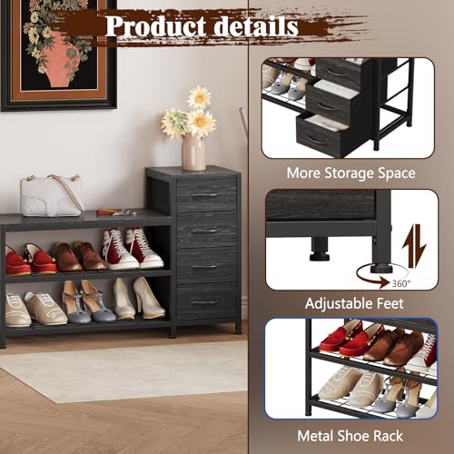 Image of EXOTICA Industrial Shoe Storage Bench with 4 Drawers & Seat, Black