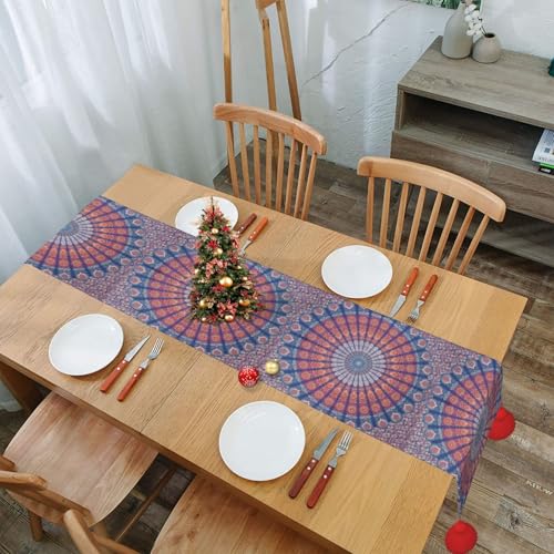 Chemin de table de Noël mandala chic avec pompons de qualité supérieure - 8
