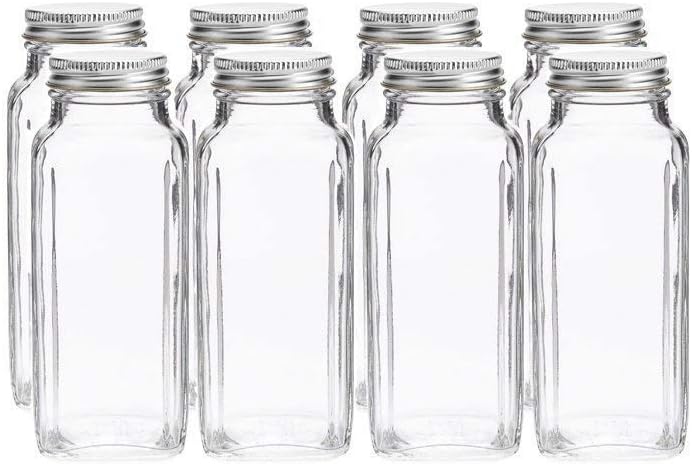 8 oz Spice Jars with Lids - Square Clear Glass Spice Bottles with Airtight Caps by SpiceLuxe (8 Pack, Silver cap)