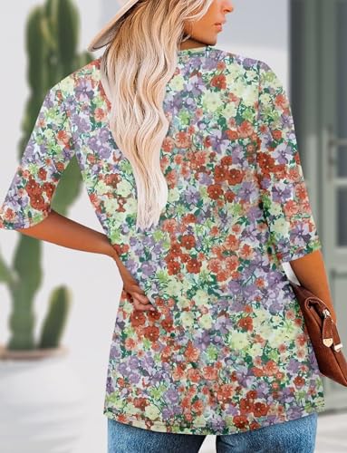 KISSMODA Tunic Tops for Women Loose Fit Dressy Round Neck Pleated 3/4 Length Sleeve Spring Tops