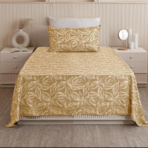 Image of HOMEMONDE Premium 210 TC Cotton Bedsheet Single 60 x 90 Inches Leaf Printed Soft Flat Sheet with Single Pillow Cover 18 x 28 Inch, Perfect for Home Decor & Gifting - Golden