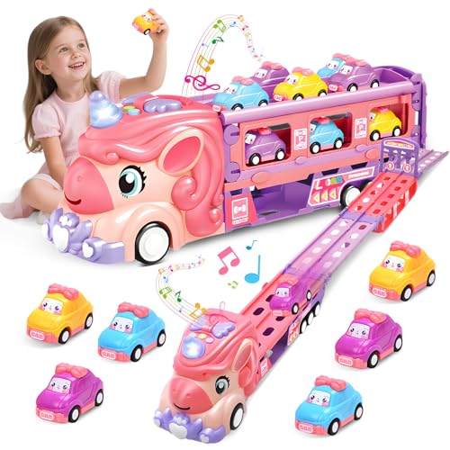 RoserRose Autotransporter Spielzeug ab 2 3 4 5 Jahre Mädchen, Einhorn Transport Truck Autotransporter mit Licht Musik und Rennbahn, LKW mit Autos Spielzeug Kinderspielzeug ab 2 Jahre Mädchen Geschenk