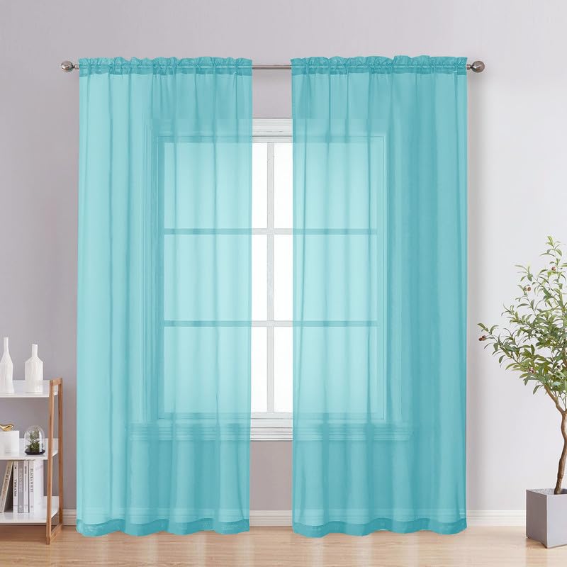 Image of OVZME Aqua Sheer Curtains 78 Inches Long 2 Panels - Soft Light Filtering Window Sheer Panels for Living Room /Bedroom, Top Dual Rod Pocket, 1 Pair, Each 42Wx78L Inches