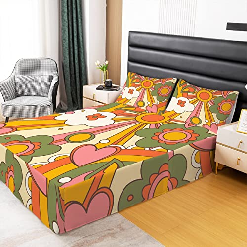 Erosebridal 60S 70S Hippie Bed Skirts Full Vintage Boho Sun Bed Skirt Groovy Flowers Clouds Love Hearts Bedskirt For Kids Girls Teens,Abstract Vintage Floral Bedding Decor 3 Pcs #TOP1