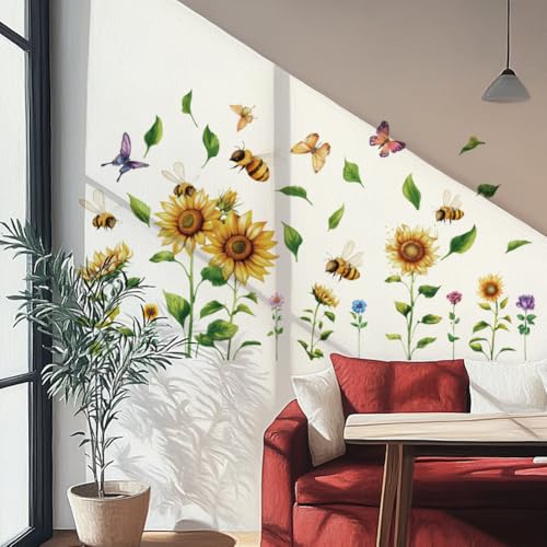 SUPERDANT Large Sunflower Wall Decals Garden Flower Wall Stickers Butterflies Bees Peel and Stick Vinyl Wall Decor Wallpaper Wall Art Mural for Bedroom Living Room Kitchen Bathroom TV Background