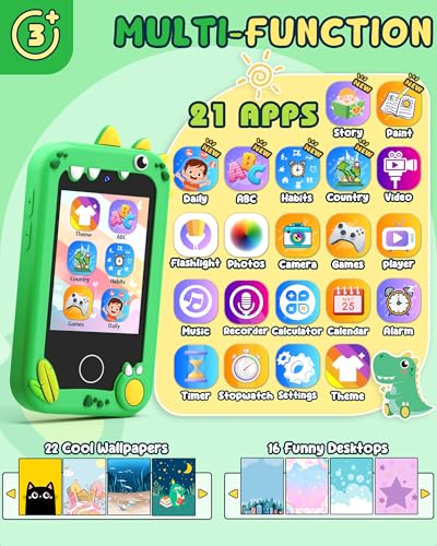 Image of UCIDCI Dinosaur Kids Smart Phone Toys for Boy Dual Camera & Music Player Toddler Selfie Phone Toys Road Trip Toys with Learning Games, Christmas, Birthday Gifts for 3 4 5 6 7 Year Old Green