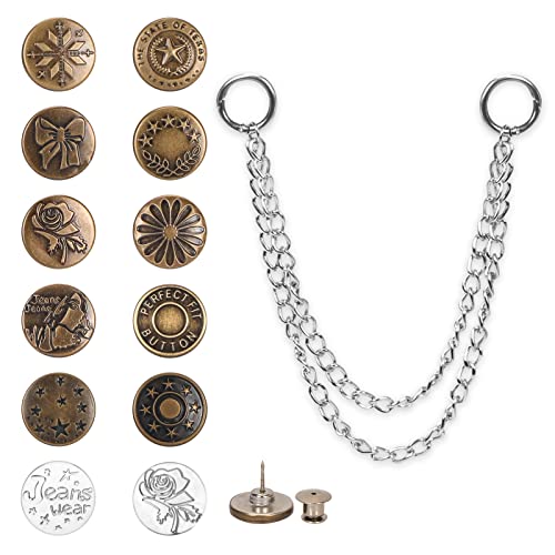 Classycoo Button Pins for Jeans No Sew 12 Sets Replacement Jean Buttons Pins Adjustable Jean Instant Button with 1 Jean Chain,No Tools Metal Clips Snap Tack,Instant Extend/Reduce Any Pants Waist