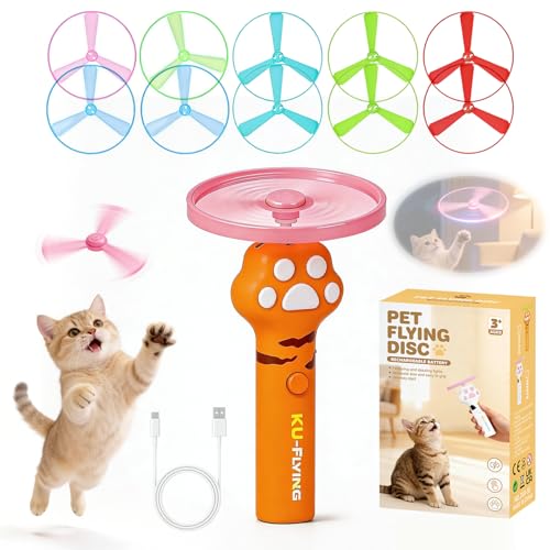 Cat Fetch Toy Launcher Flying Disc Launcher Toy Rechargeable with 10 Flying Discs Flying Cat Toy Disc Launcher for Kitten Dog Playing Interactive Hunting Tracking Toys for Outdoor Indoor Orange