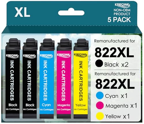 KERFOINK for 822XL Ink Cartridge Remanufactured for Epson 822XL Ink Cartridges 822 822 XL for Workforce Pro WF-3820 WF-3823 WF-4820 WF-4830 WF4833 Printer (2 Black Cyan Magenta Yellow, 5 Pack)
