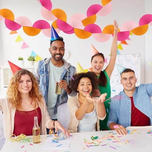 Image of 3 Pack Red Pink Orange Party Decorations Paper Fans Garland 15.6ft Background Ceiling Hanging Decorations for Sunset Soiree Wedding Birthday 3D Bachelorette Dawn Sunset Party Decoration