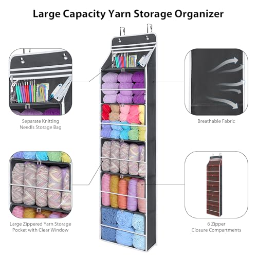 Image of Univivi Hanging Yarn Storage Organizer with 6 Zipper Closure Compartments, Large Capacity Knitting Organizer Storage, Over The Door Hanging Yarn Holder for Knitting Needles, Crochet Hooks (Dark Grey)