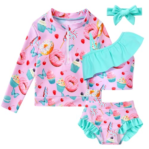 Image of Funnycokid Baby Toddler Girls Swimsuit 4 Piece Bathing Suit Long Sleeve Rash Guard Sets 12 Months-7 Years