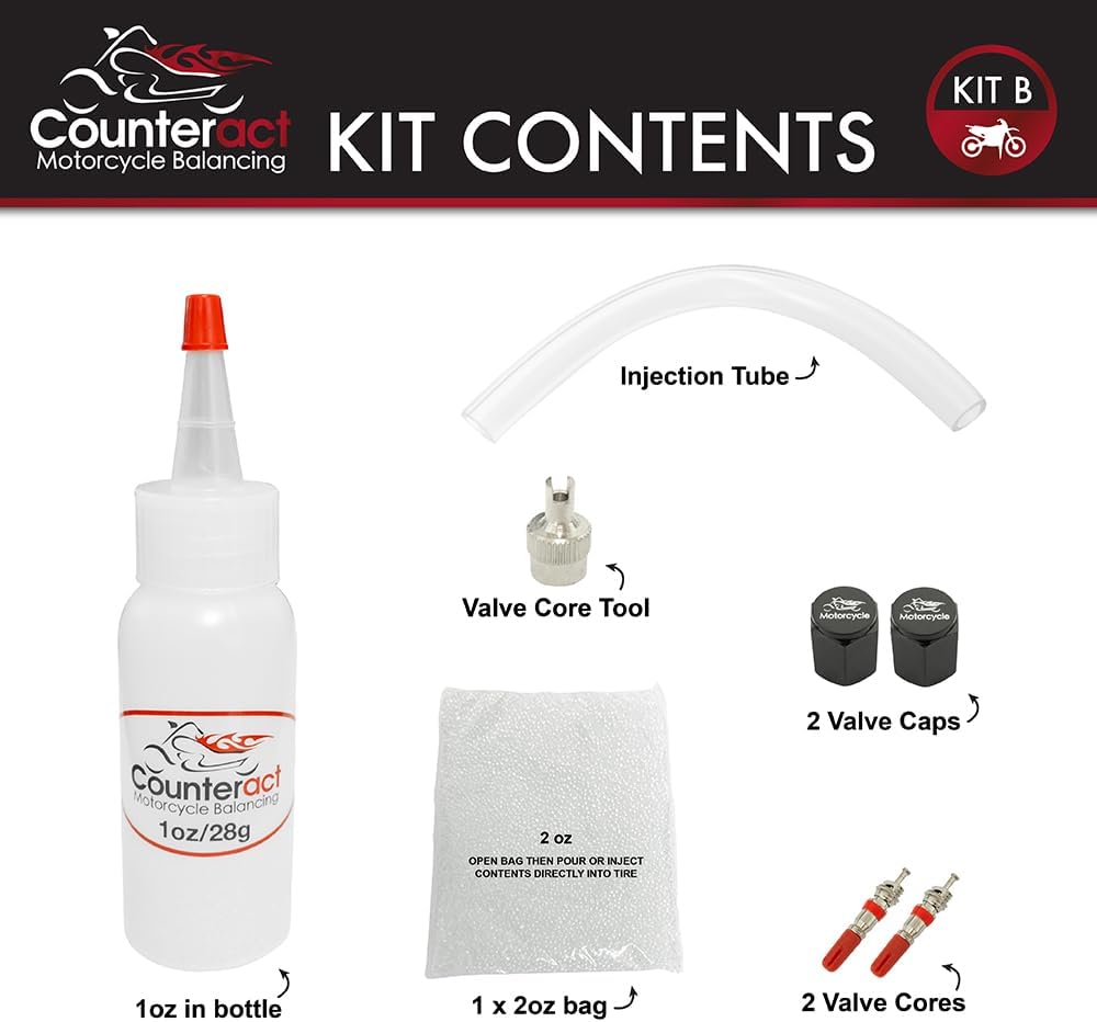 Counteract KIT-B Motorcycle Do It Yourself Tire/Wheel Balancing Beads Kit - (1) 1oz (1) 2oz DIY Bead Bags, (2) Valve Caps and Cores, (1) Core Remover, Injector Bottle