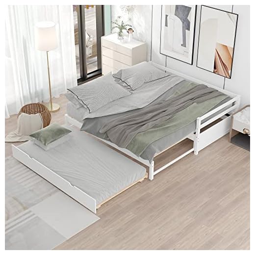 Merax Multifunctional Extending Daybed with Trundle Twin to King Wood Day Bed with Headboard No Box Spring Needed White