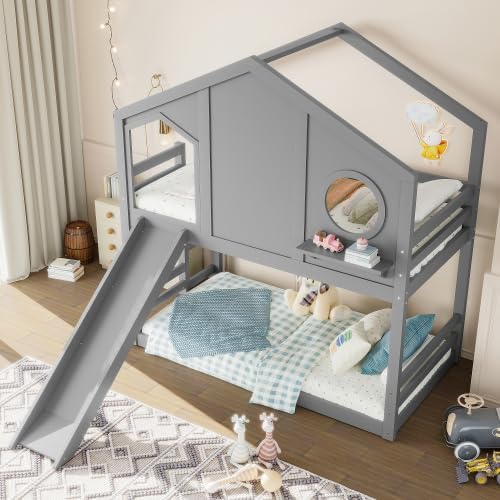 Bellemave Twin Size House Bunk Bed with lower mattress