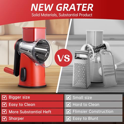 Rotary Hand Crank Cheese Grater,Cheese Shredder Vegetable Slicer(Red) - image 5