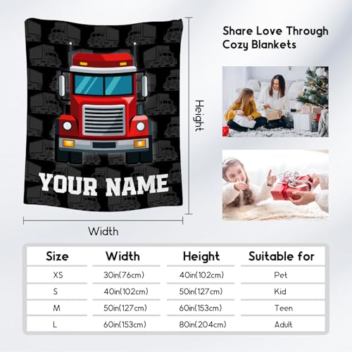 Personalized Truck Blanket, Cozy Soft Throw Gifts for Kids, Cute Black Flannel Throw Blankets for Bed Couch, 60x80 Inches